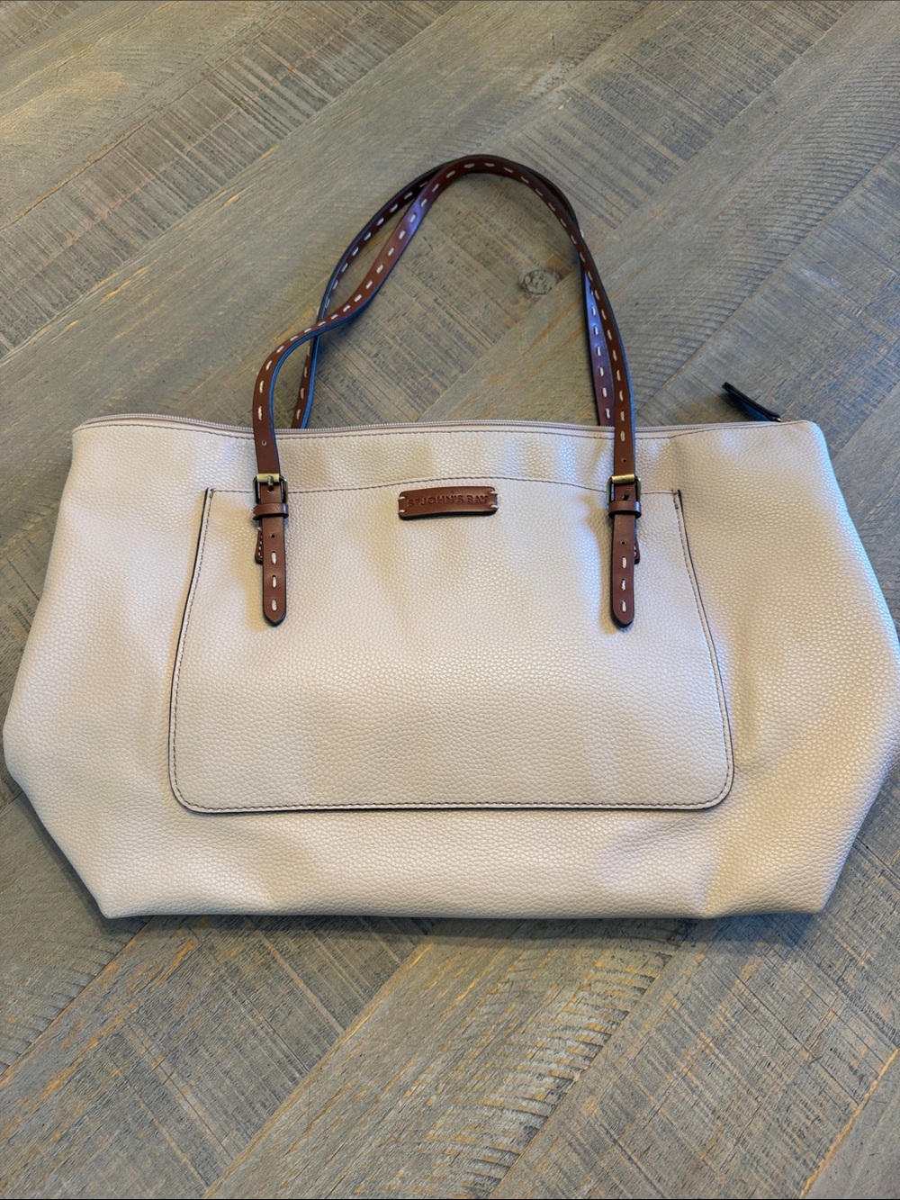 St. John's Bay Cream Pebbled Tote with Brown Straps